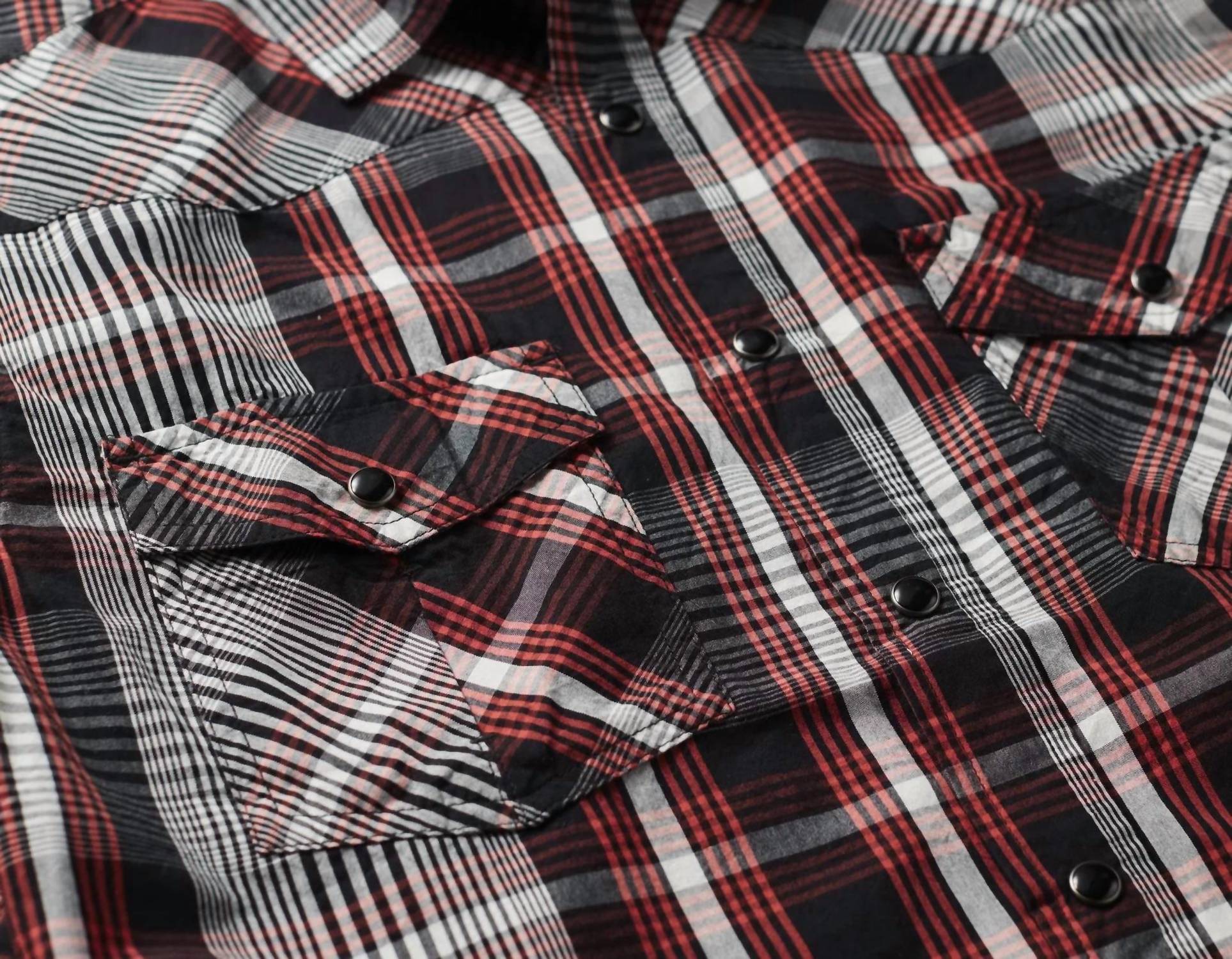 3BIRD Men's Ranchester Long Sleeve Shirt in black horizon plaid - men's shirt - detail view