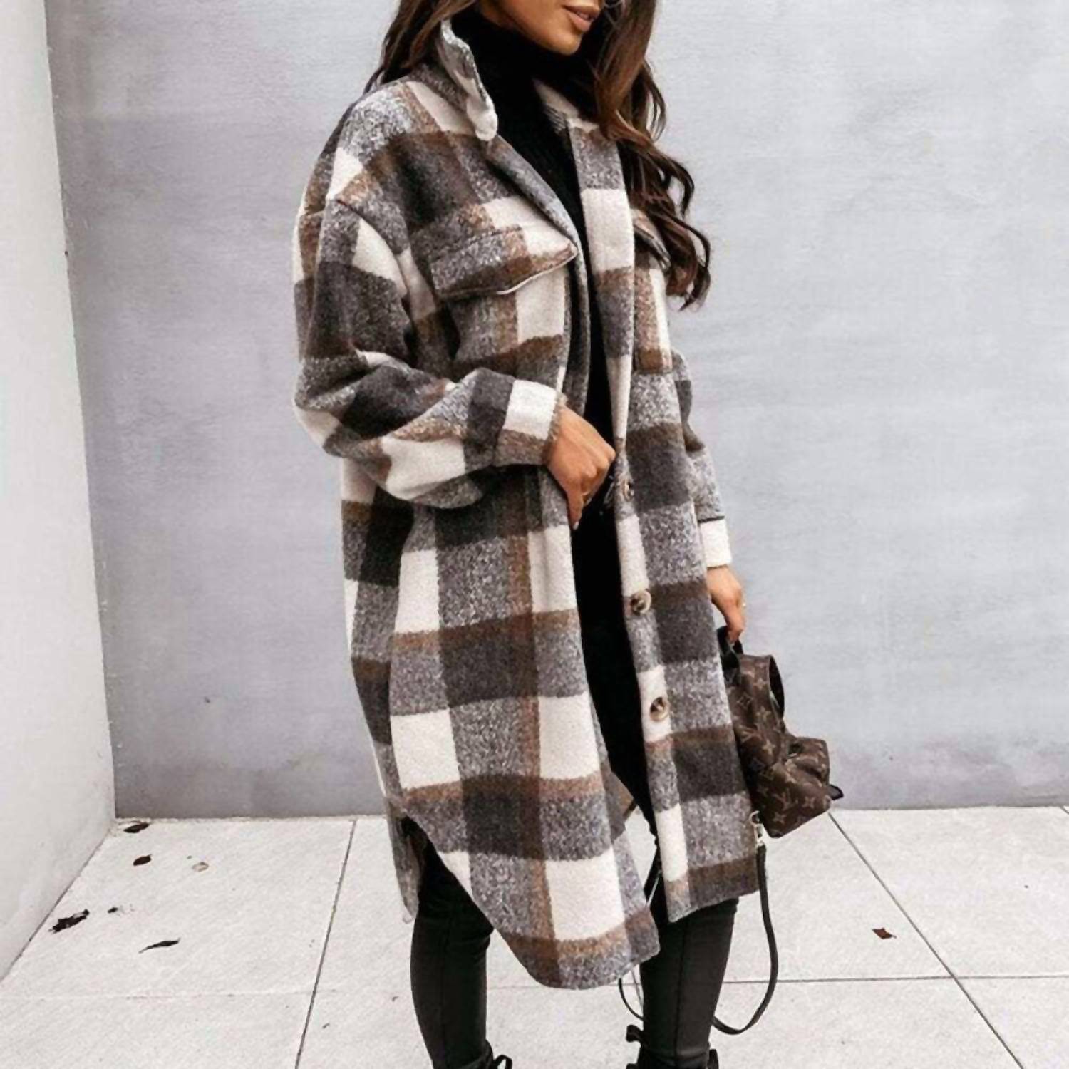 Unishe - Plaid Button Design Long Sleeve Shacket