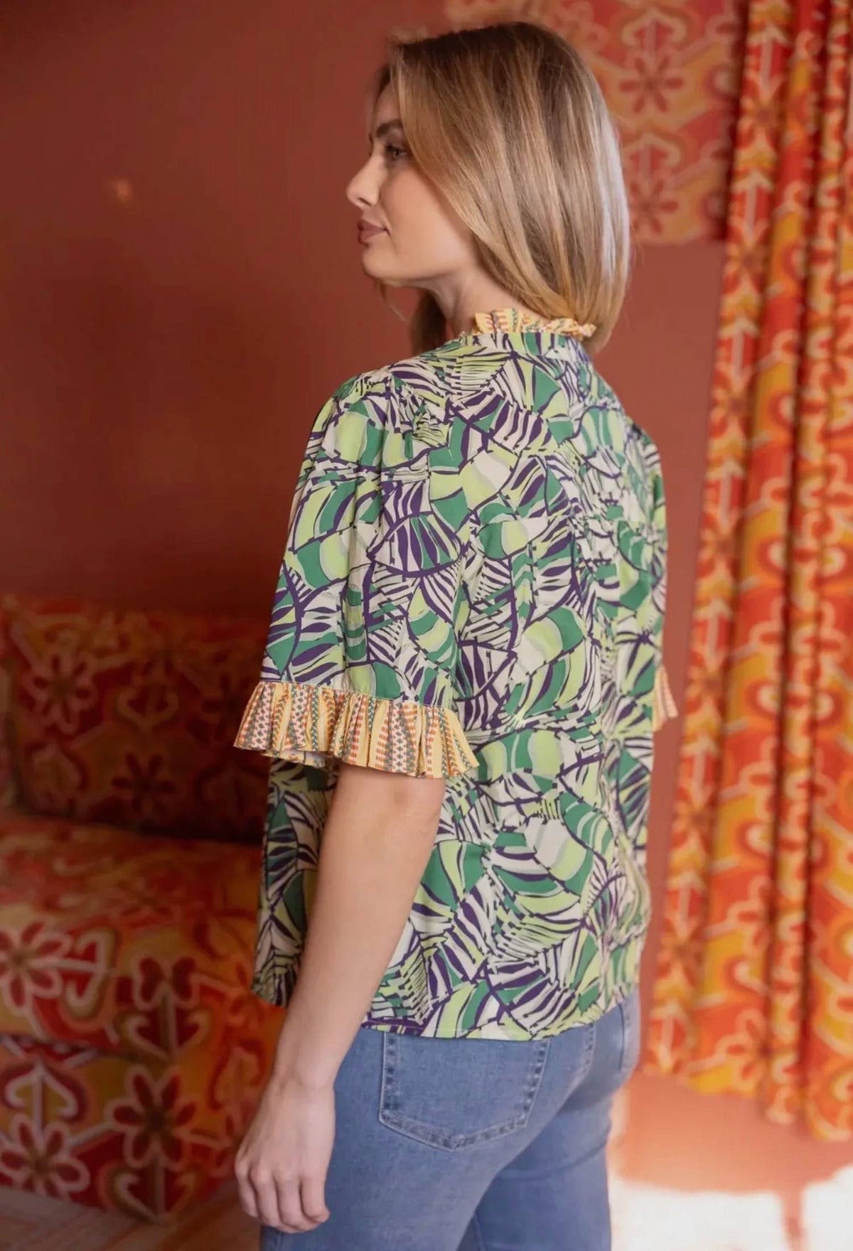Voy - Ruffled Multi Print Button Down Top