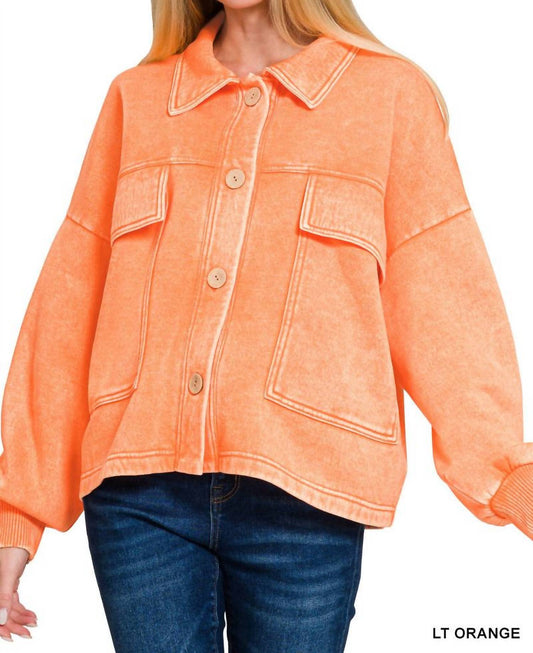 Zenana - Acid Wash Fleece Cropped Shacket With Front Pockets