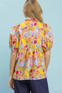 Umgee - Abstract Print Puff Sleeve Lace Trim Blouse