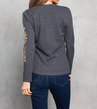 PAPARAZZI Thermal Knit Embroidered Henley Top in charcoal - women's blouse - view 5