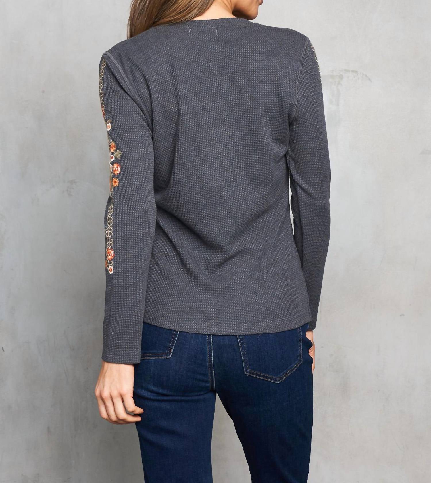 PAPARAZZI Thermal Knit Embroidered Henley Top in charcoal - women's blouse - view 5