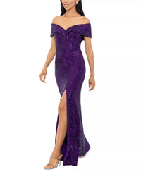 Xscape Off-the-shoulder Side-slit Sequin Gown in purple - women's dress - alternate view