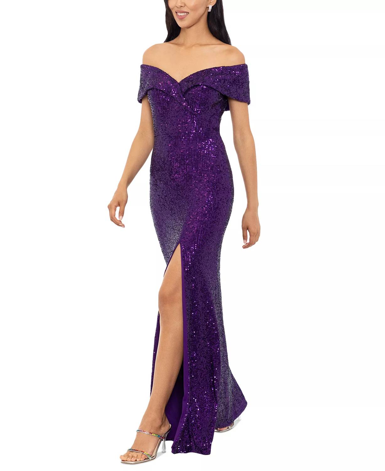 Xscape Off-the-shoulder Side-slit Sequin Gown in purple - women's dress - alternate view