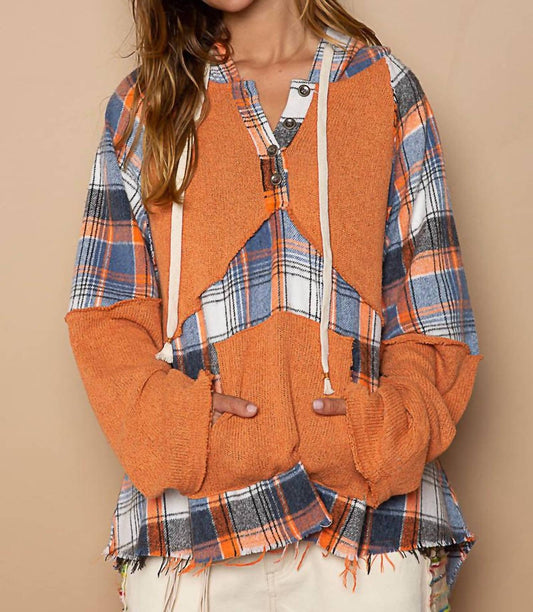 Pol - VINTAGE WASHED PLAID KANGAROO TOP