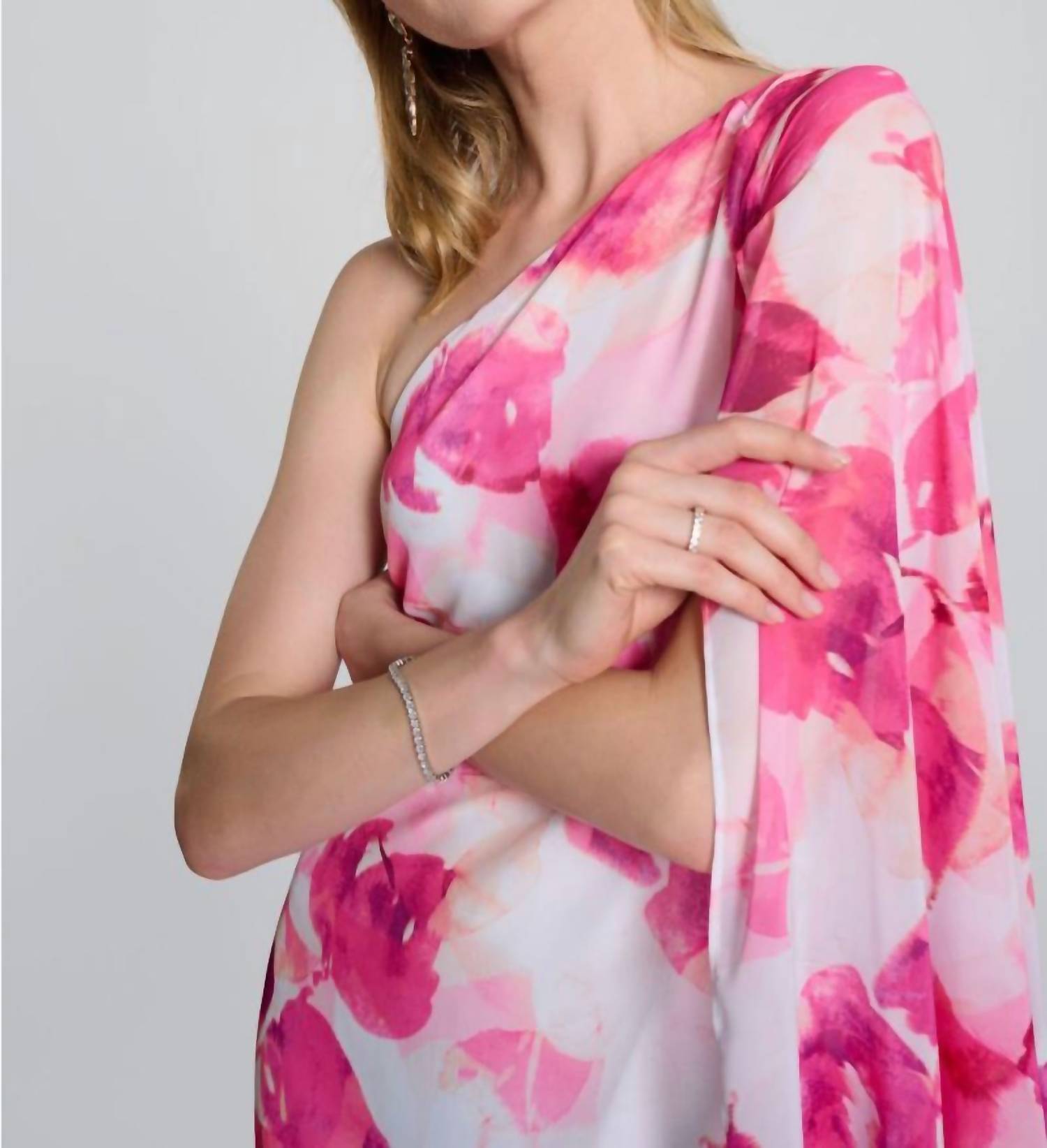 Joseph Ribkoff - Floral Print One-shoulder Cape Sleeve Mini Dress