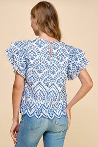Tcec - Embroidered Eyelet Ruffle Sleeves Top