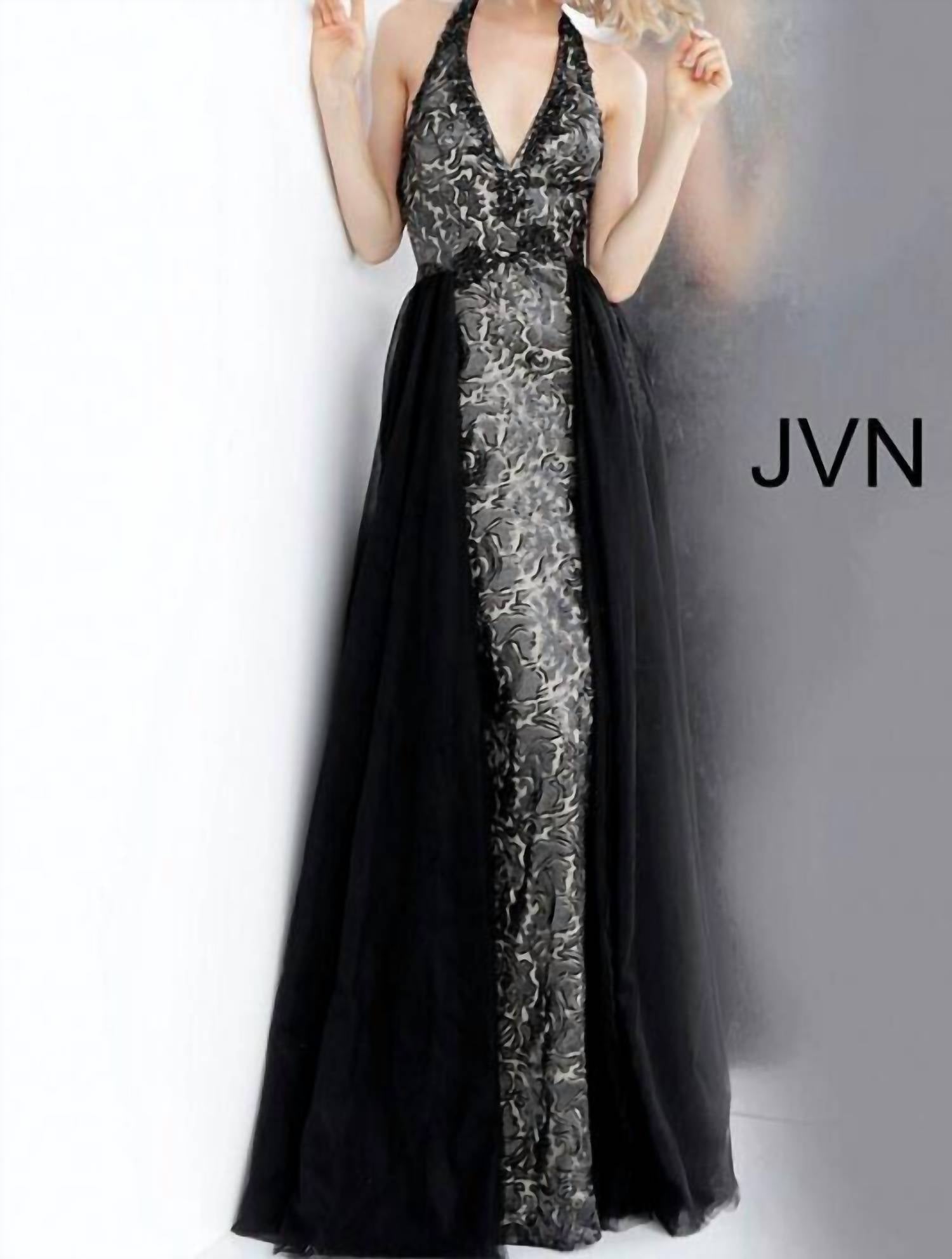 JVN Lace Prom Dress With Overskirt in black nude - women's dress