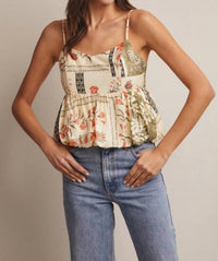 Forte Patchwork Floral Peplum Cami Top in beige - women's shirt - detail view