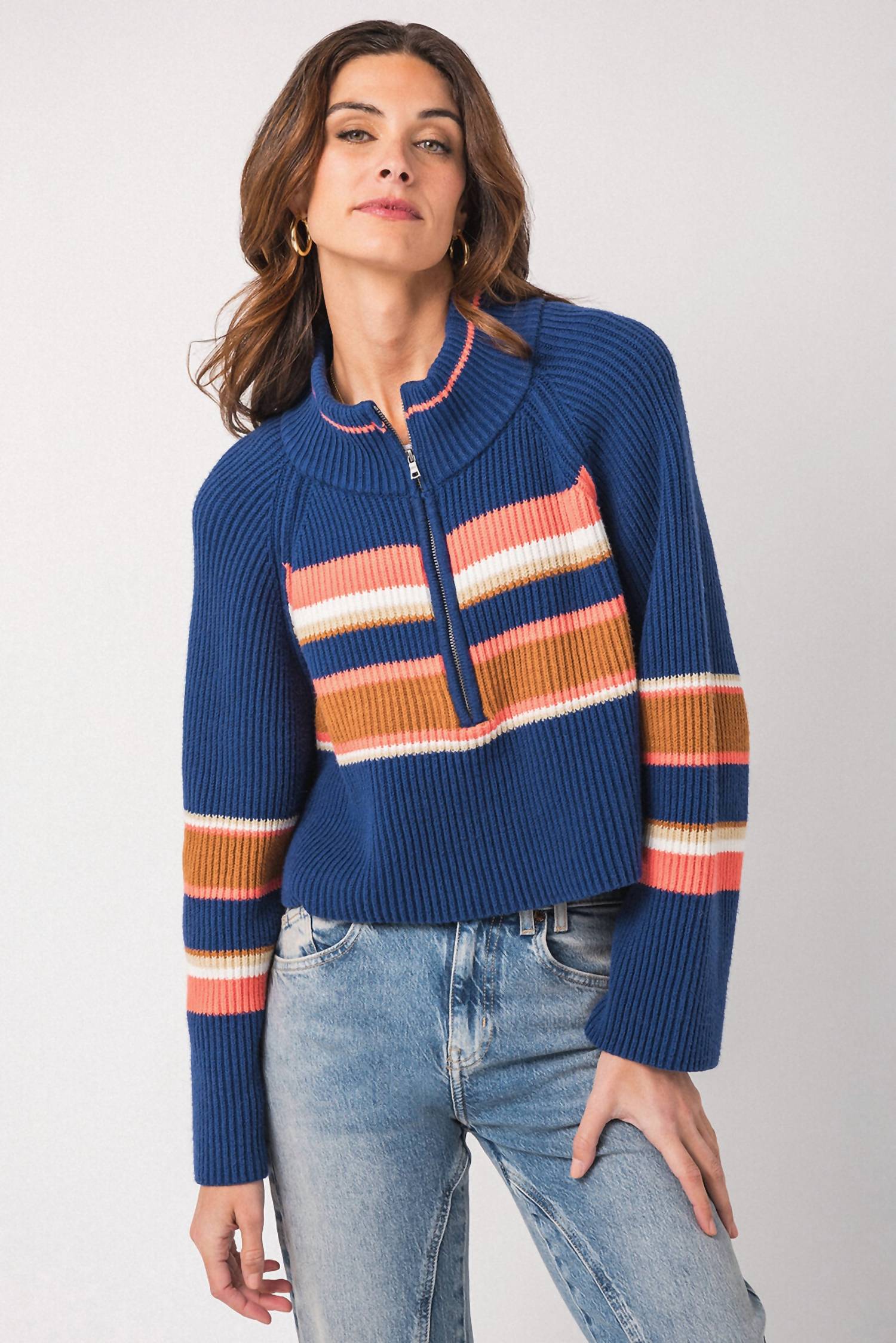 Free People - Striped Greta Half Zip Sweater
