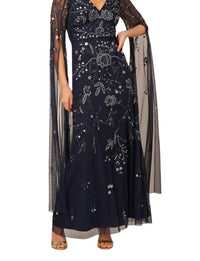 Adrianna Papell - Long Split Sleeves Beaded Embellished Maxi Dress