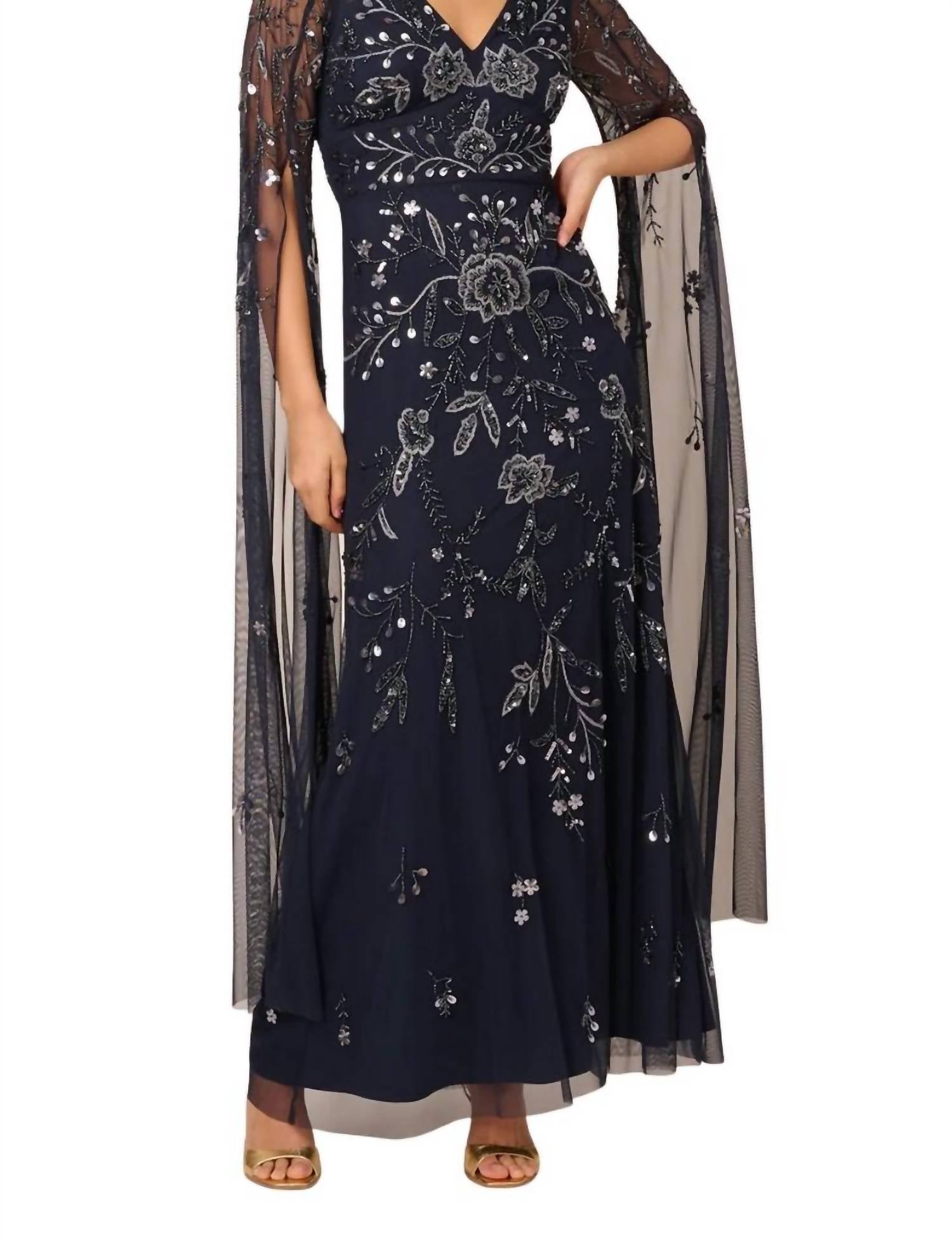 Adrianna Papell - Long Split Sleeves Beaded Embellished Maxi Dress