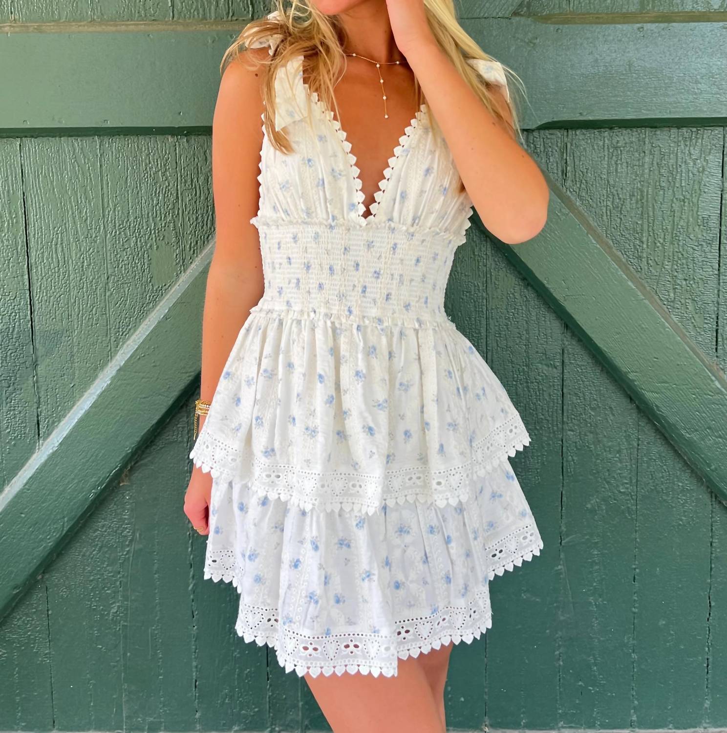 Sky To Moon - Penelope Ditsy Eyelet Tie Strap Layered Lace Mini Dress