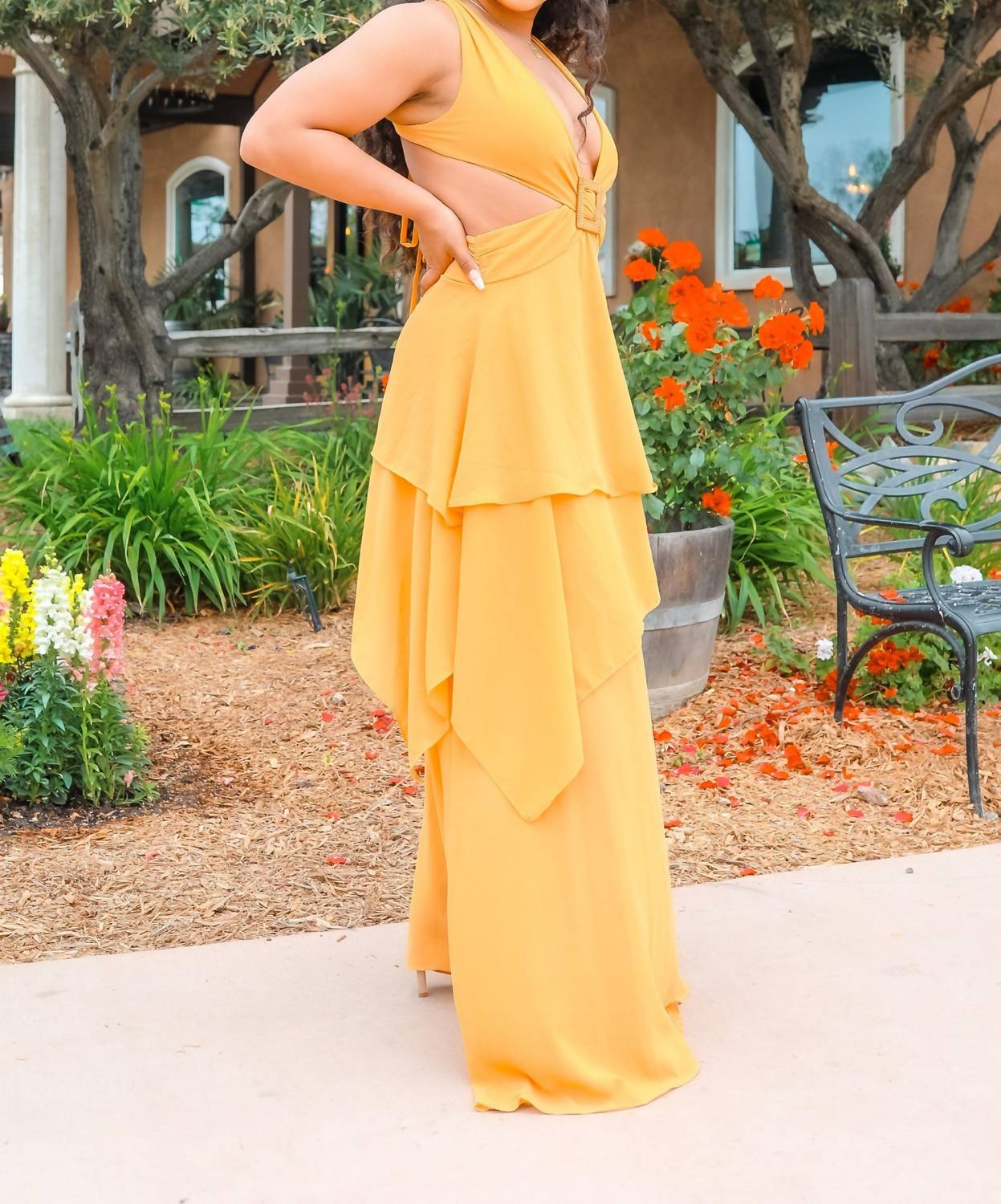 Surelymine - Ruffle Deep V Neckline Maxi Dress
