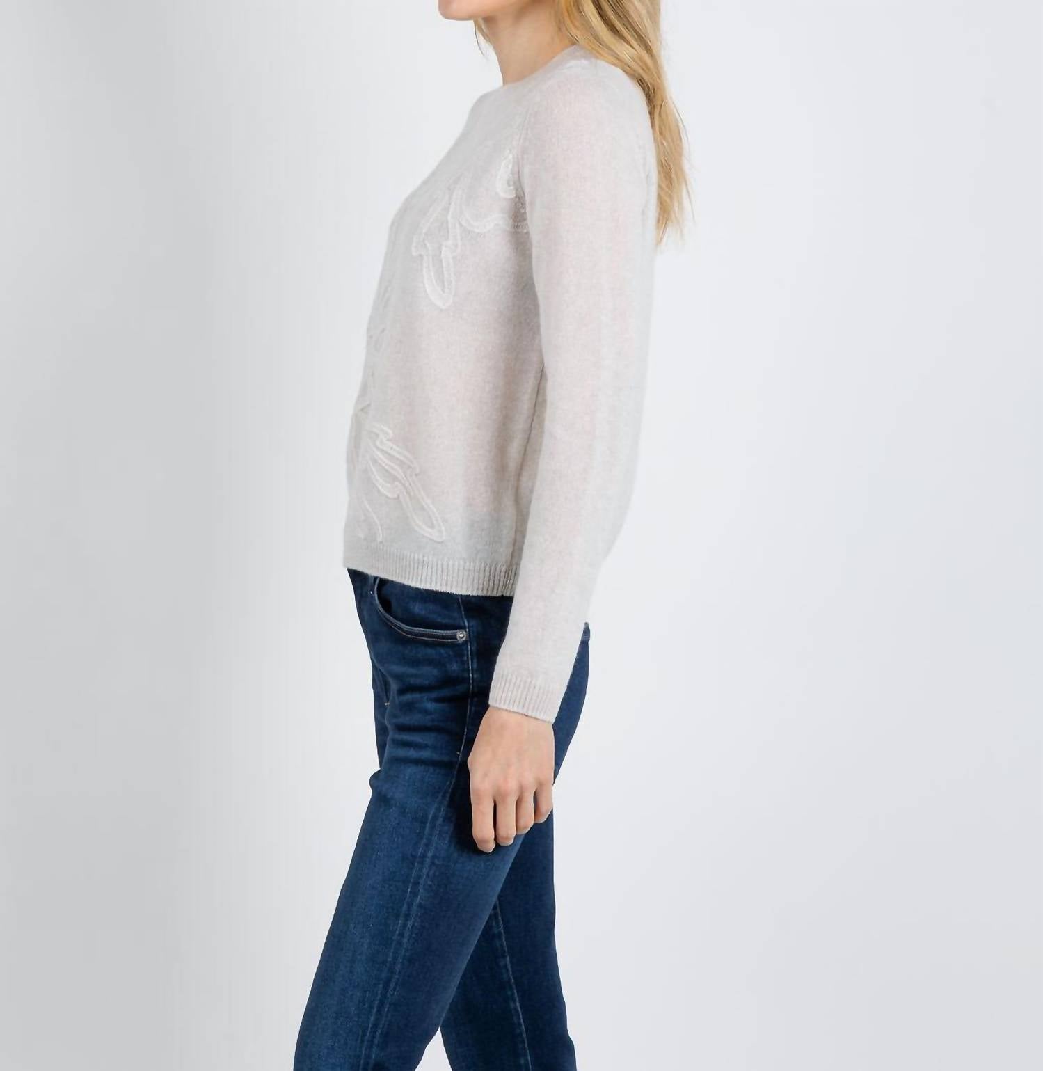 Kinross Floral Embroidered Crew Sweater in cloud - women's sweater - alternate view