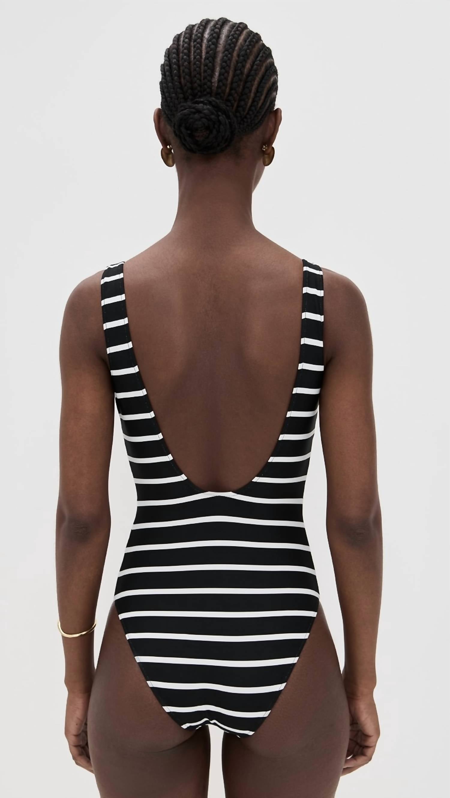 ANINE BING Jace One Piece Swimsuit in black and white stripe - women's swimwear - detail view
