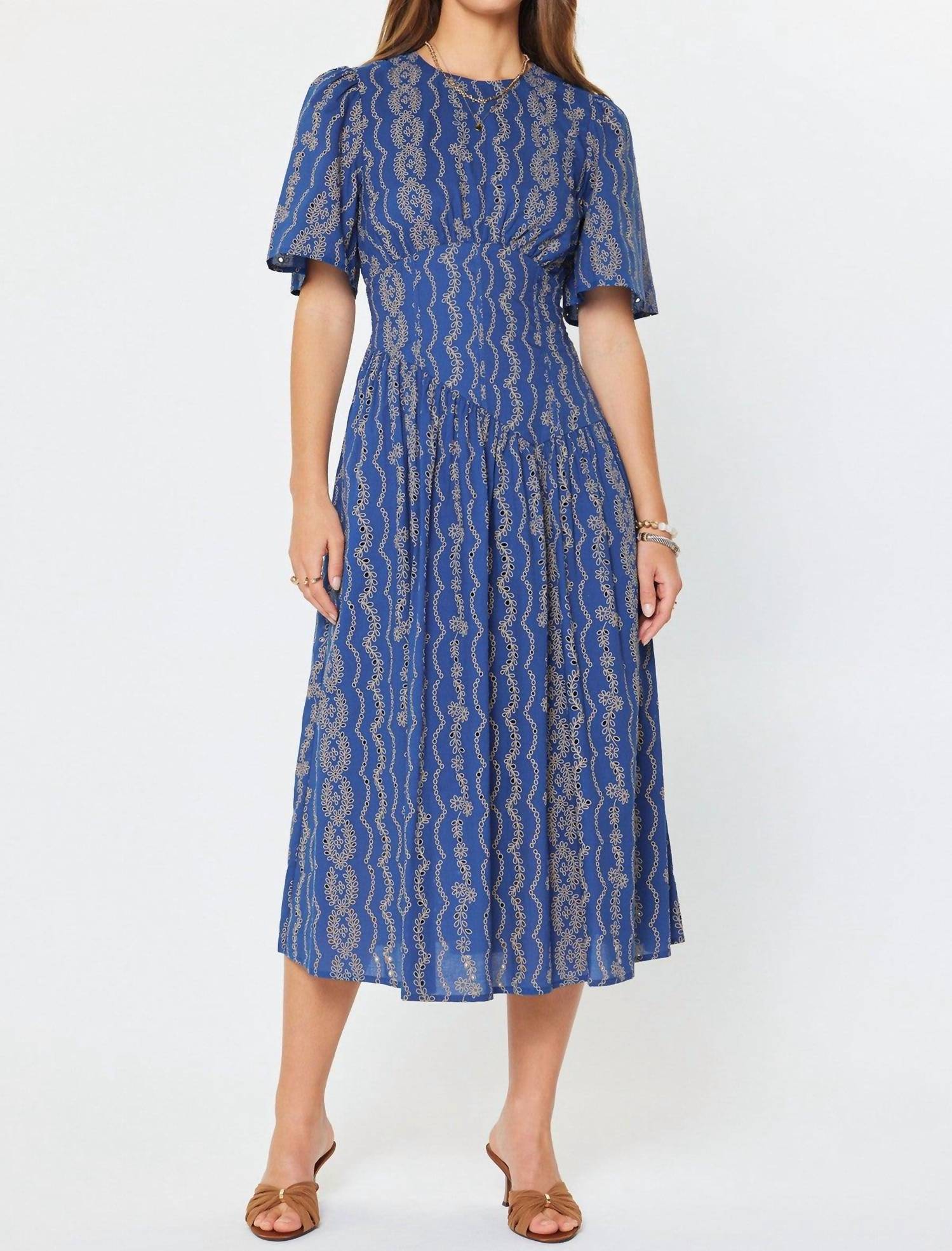 current air Embroidered Half Sleeve Maxi Dress in blue - women's dress