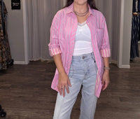TRIBAL Poplin Double Stripe Roll Up Sleeve Top in pink - women's blouse - detail view