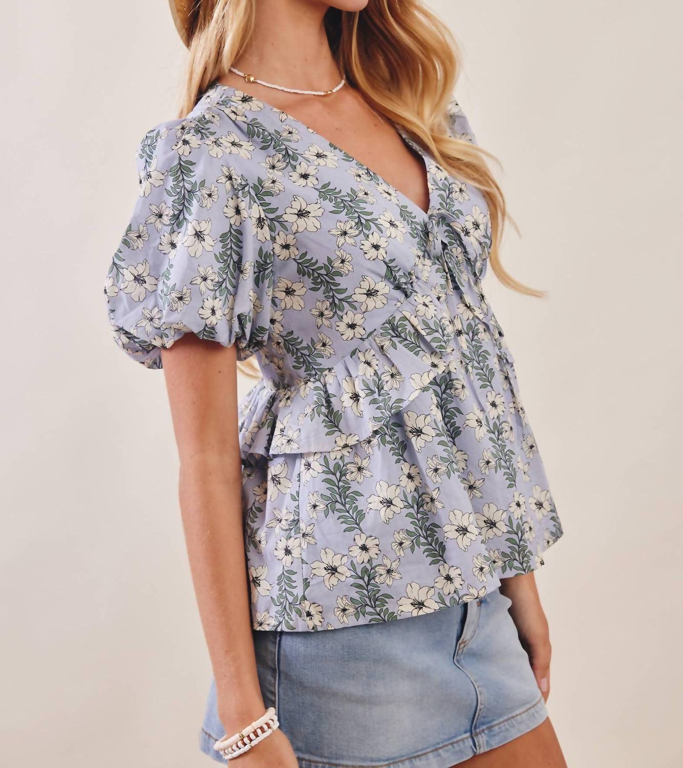 Listicle - Floral Puff Sleeve Lined Blouse