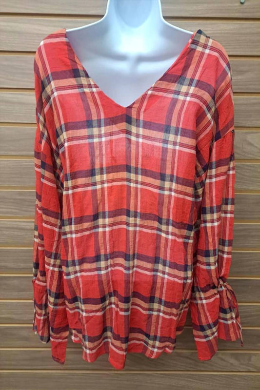 Very J - Women's Plaid Tie Sleeve V Neck