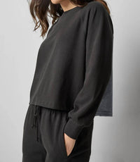 Lilla P Chambray Pleat Back Pullover Top in black - women's long sleeve top