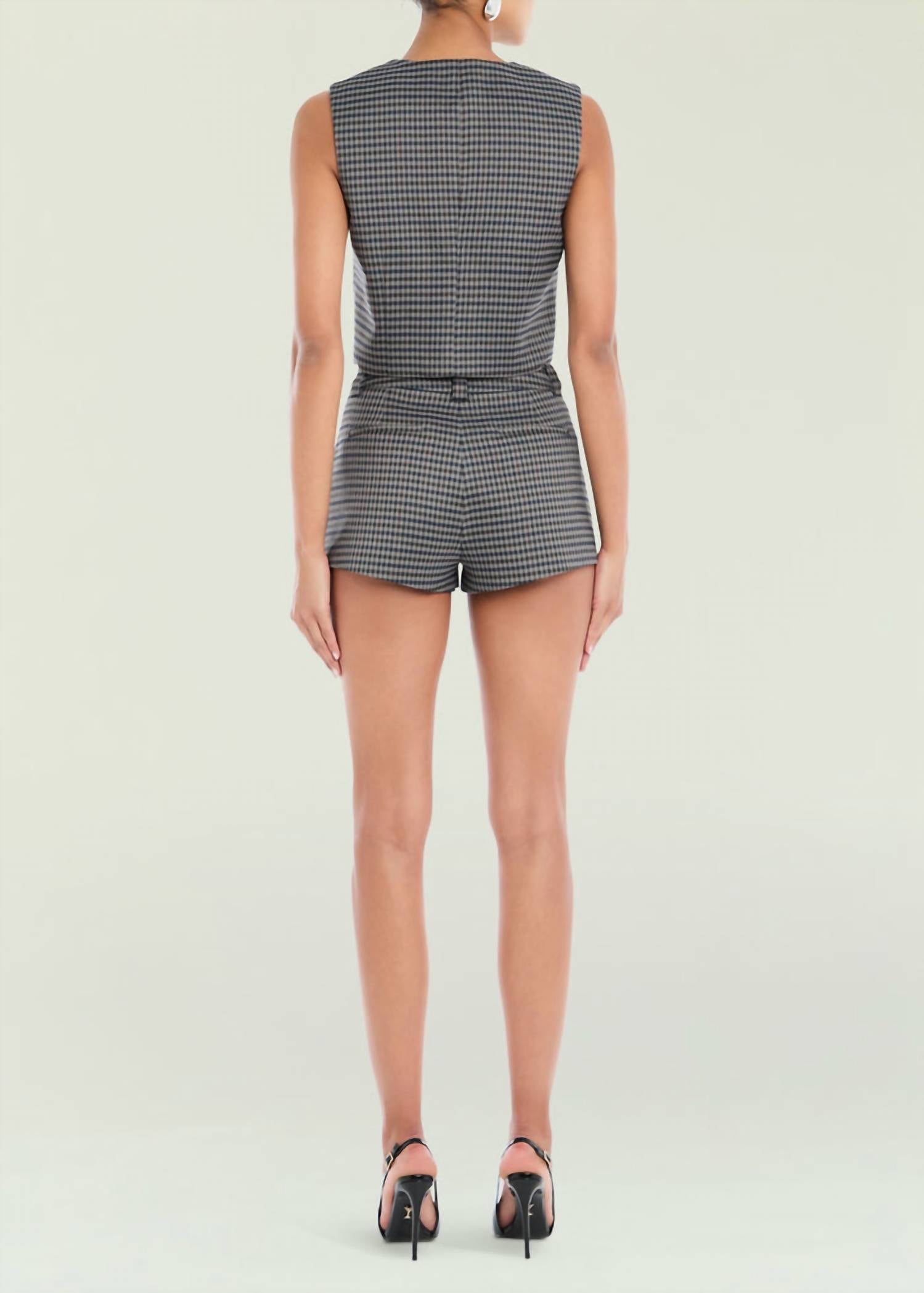 SER.O.YA Tatiana Sleeveless Vest in charcoal houndstooth - women's jacket - detail view