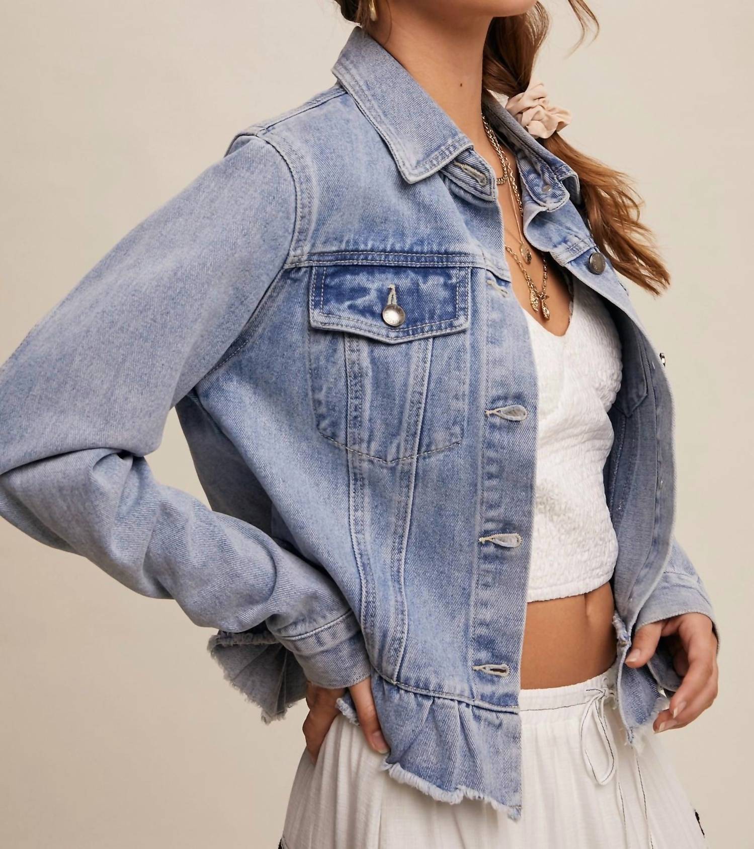 Listicle - Ruffled Hem Denim Jacket