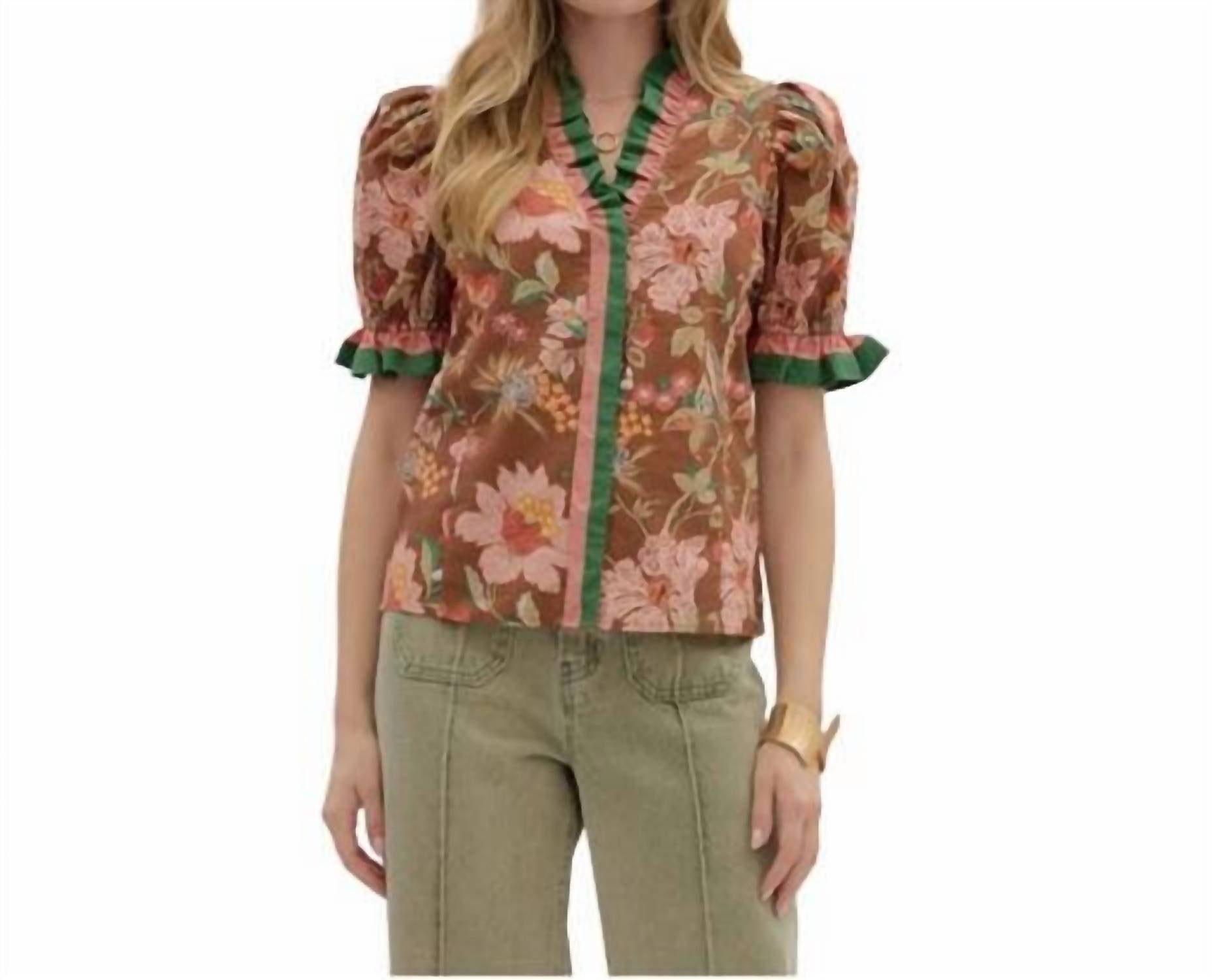 Entro - Floral Contrast Trim Top