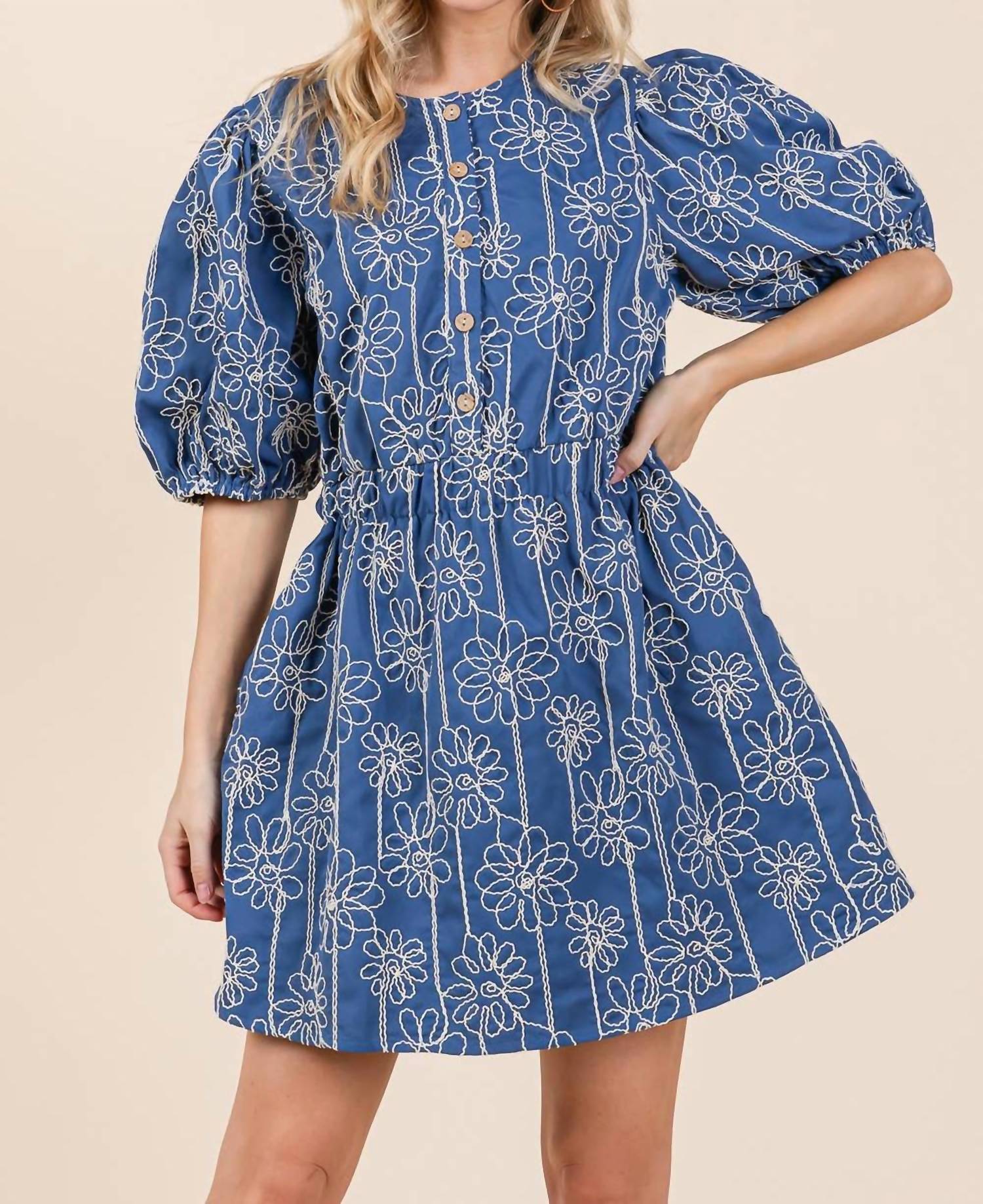 Geegee X Lovelo - Floral Embroidered Half Button-up Mini Dress