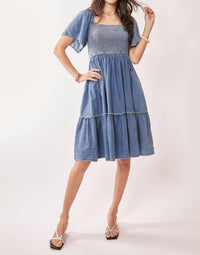 Davi & Dani - Denim Elastic Ruched Chest Midi Dress - Plus