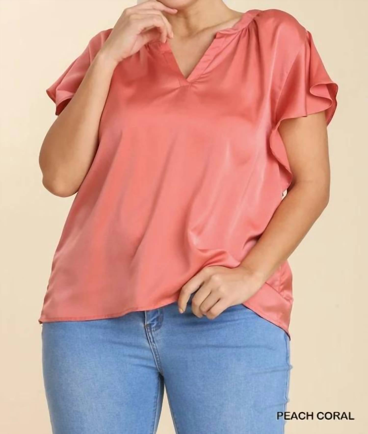 Umgee - Satin V-neck Short Ruffle Sleeve Top