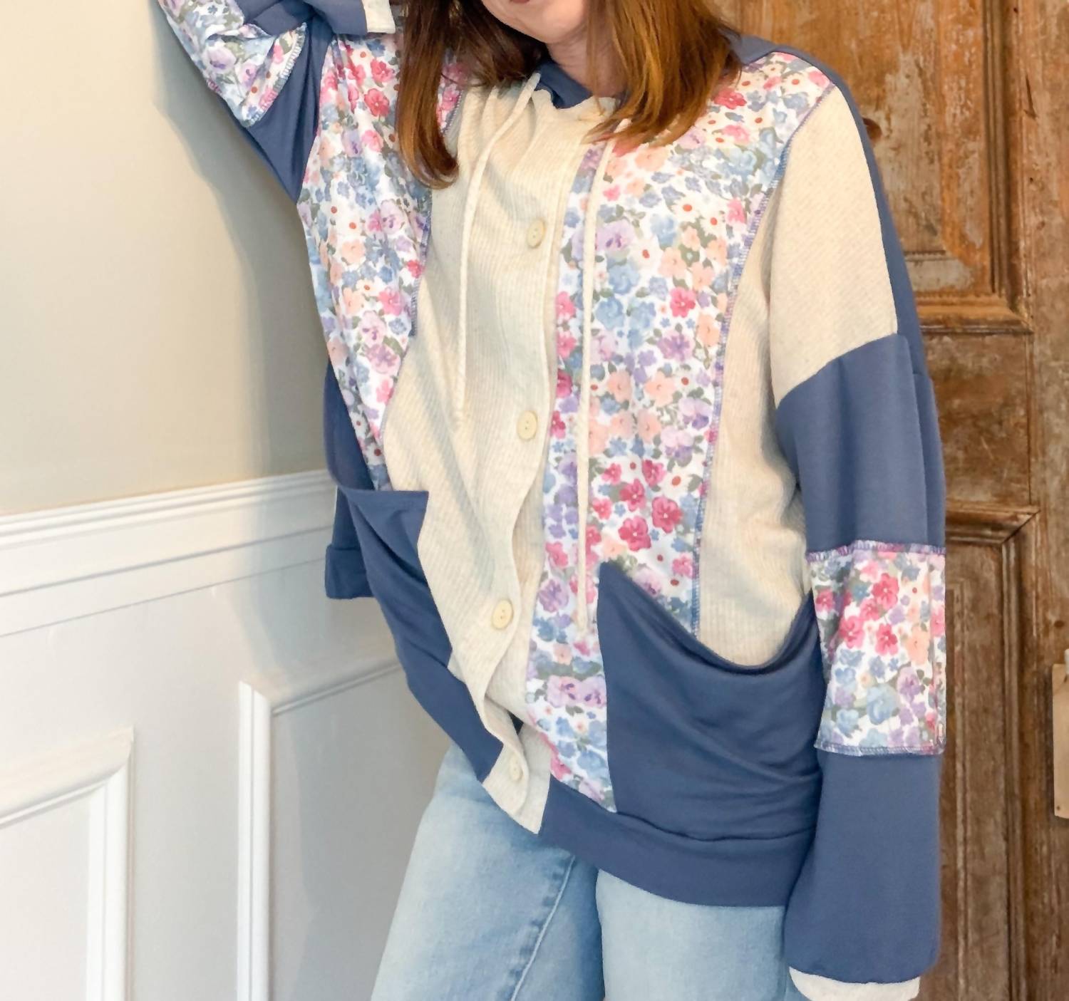 Haptics Floral Color-Block Hoodie Jacket in oatmeal - women's top - detail view
