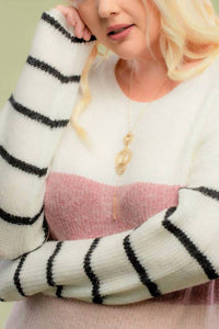 Doe And Rae - Blocked Color Sweater Top With Striped Sleeve