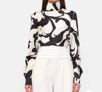 RONNY KOBO Enid Long Sleeve Blouse in black ivory - women's blouse