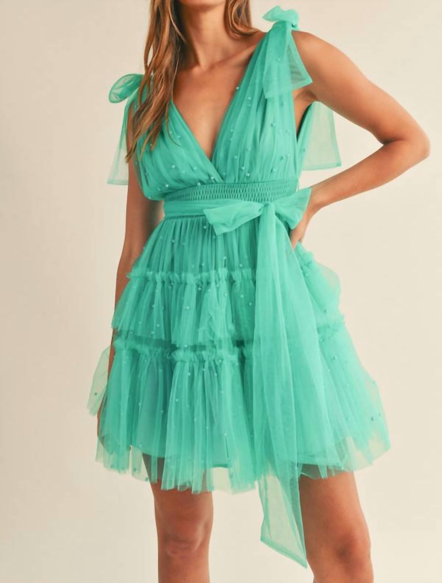 Mable - Pearl Stud Mesh Tiered Mini Dress