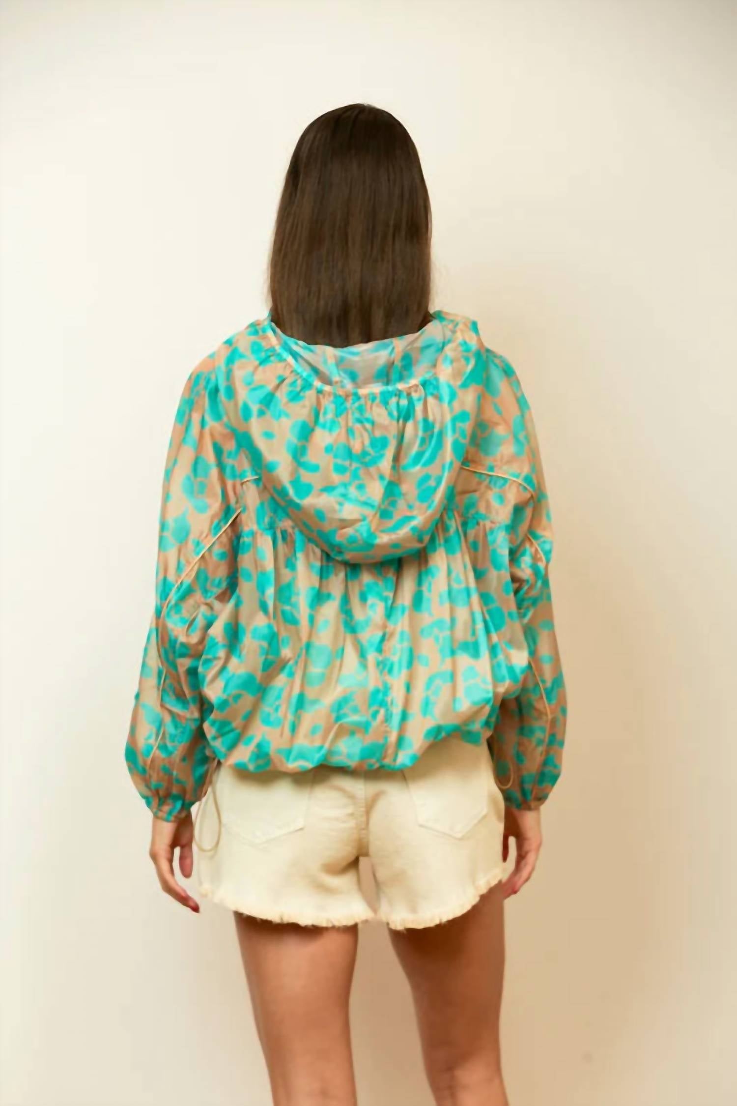 JESSIE LIU Printed UV Block Windbreaker in green multi - women's top - detail view