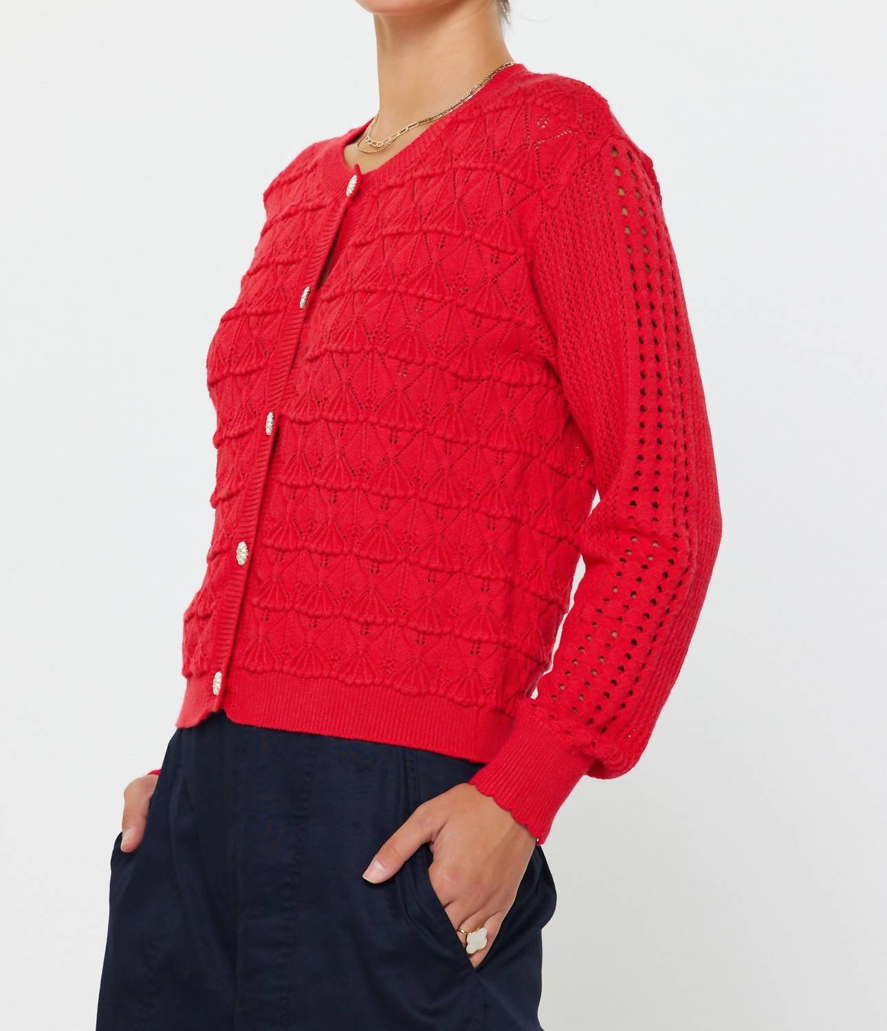 current air Multi-texture Knit Patterned Cardigan in red - women's cardigan - detail view