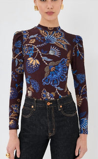 FARM RIO EMBROIDERED GARDEN BODYSUIT in brown - women's shirt