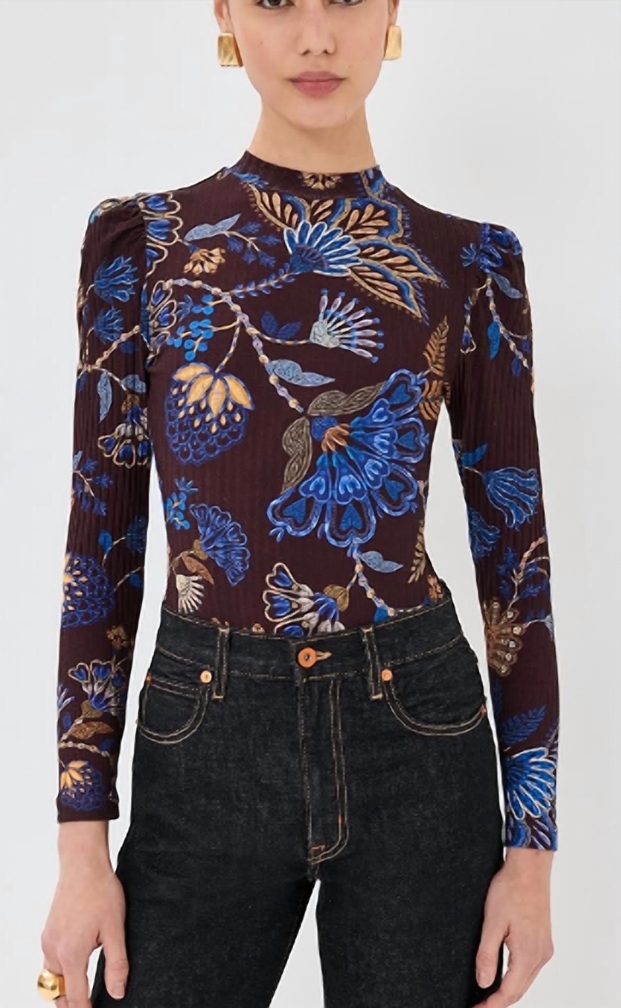 FARM RIO EMBROIDERED GARDEN BODYSUIT in brown - women's shirt