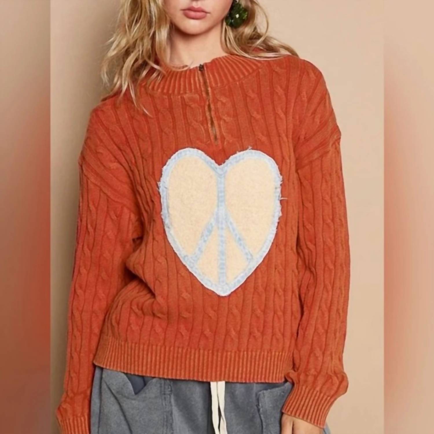 POL Apple Red Heart Sweater in pale red - women's sweater - detail view