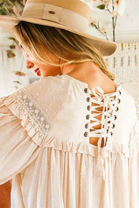 Vine & Love Lace-up Back Detail Swiss Dot Patterned Blouse in beige - women's blouse - view 4