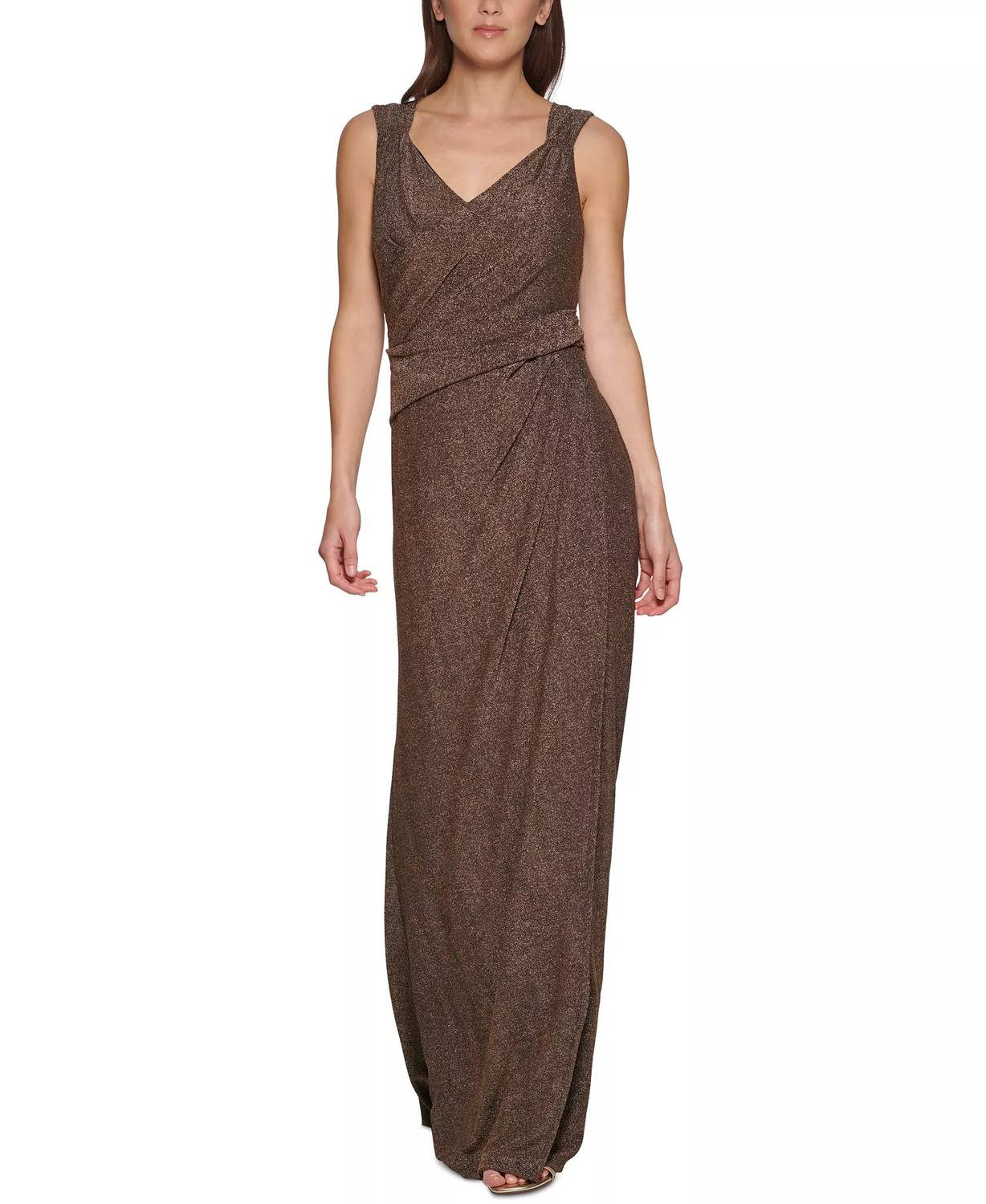 DKNY Women's V-neck Metallic Ruched-knit Sleeveless Gown in brown - women's dress