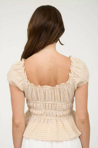 Blu Pepper - Gingham Bow Detail Shirred Waist Short Sleeve Top