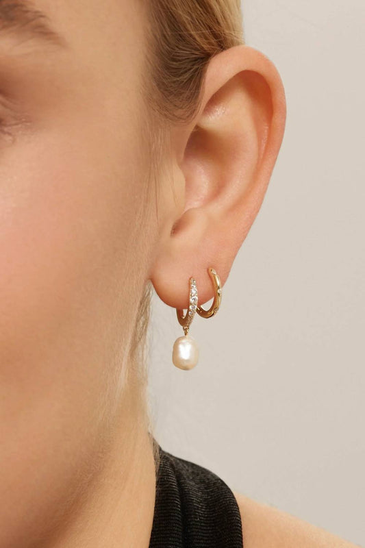Eklexic - Women's Cz Huggie Hoops With Pearl Drop Earrings