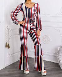 Surelymine - Striped Flare-Leg Jumpsuit with Tie Waist & Long Sleeves