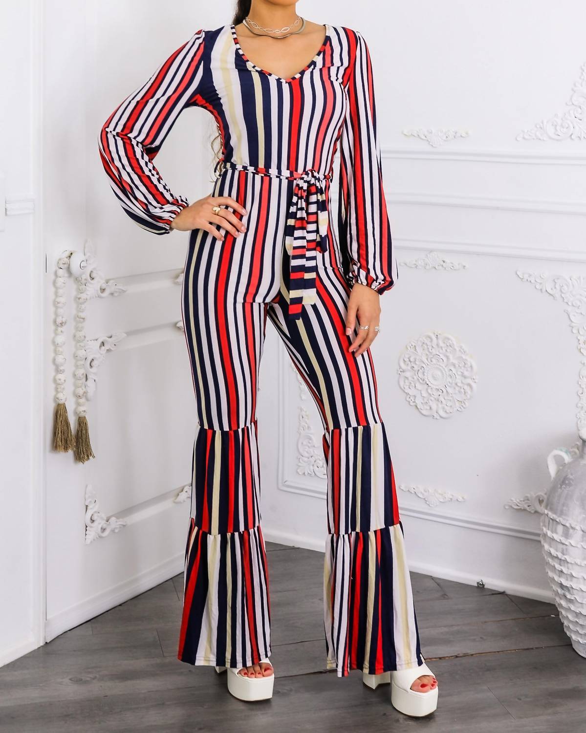Surelymine - Striped Flare-Leg Jumpsuit with Tie Waist & Long Sleeves