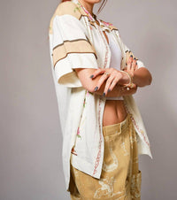 Blue B Embroidered Sequin Floral Linen Blouse in taupe multi - women's blouse - detail view