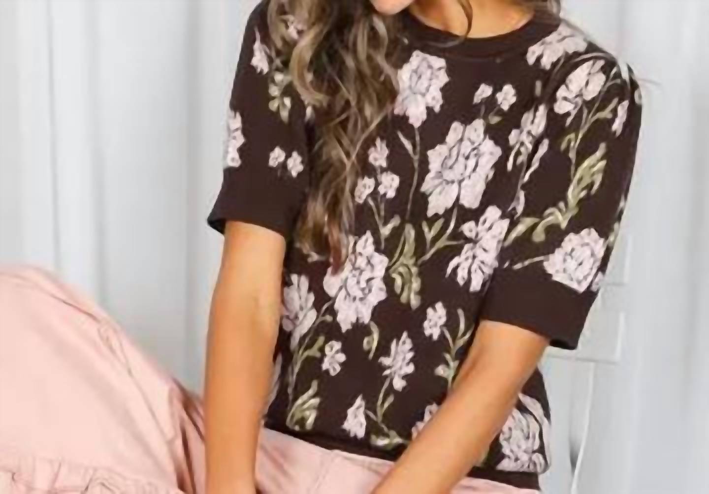Vine & Love - Floral Jacquard Crew Neck Cozy Soft Knitted Sweater
