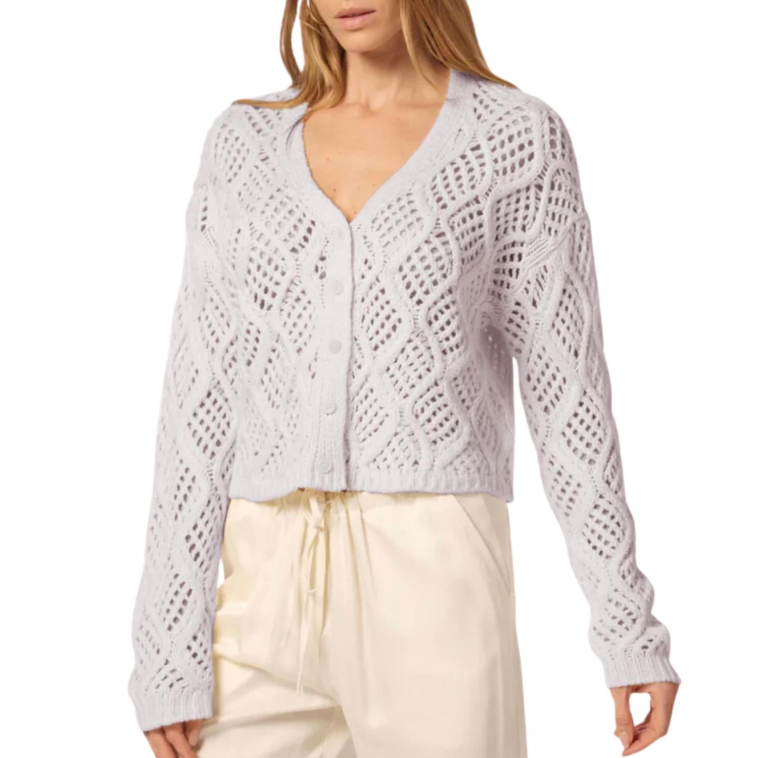 SABLYN Jolie V-Neck Cropped Cable Cardigan in himalaya - women's cardigan